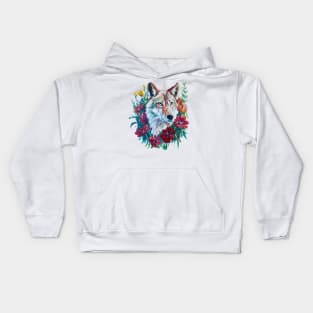 Wolf painting floral wreath, nature lover design Kids Hoodie